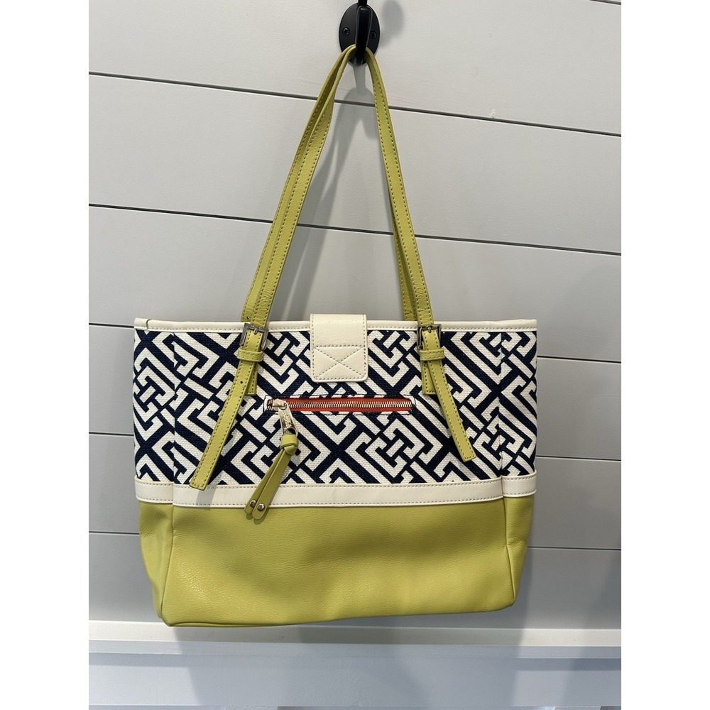 Spartina 449 Daufuskie Island Tote Handbag Linen/Leather Lime Green & Orange - Picture 2 of 15